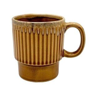 2/$15 Vintage Drip Glaze Fluted Mug Brown 3.5" Stackable Round Cup Made in Japan